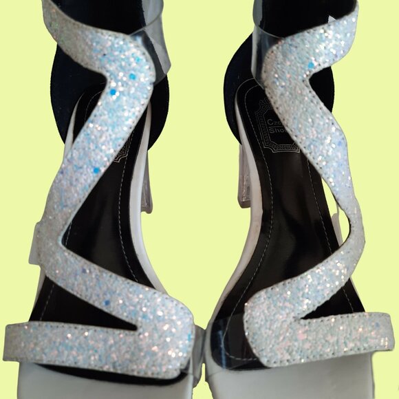 Y2K White Glitter Sparkly Clear Heels Sandals US Sz 8 Ankle Strap Party Cocktail - Picture 4 of 11